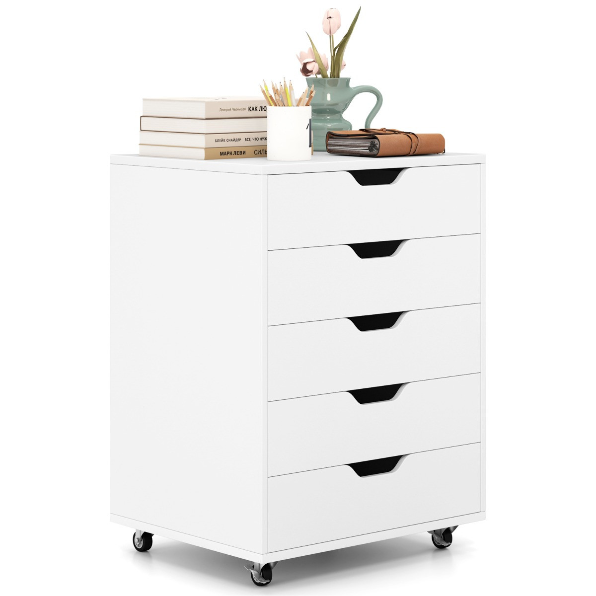 Costway Mobiele Archiefkast met 5 Lades en Wielen, Wit, B: 48 cm, D: 39,5 cm, H: 65,5 cm