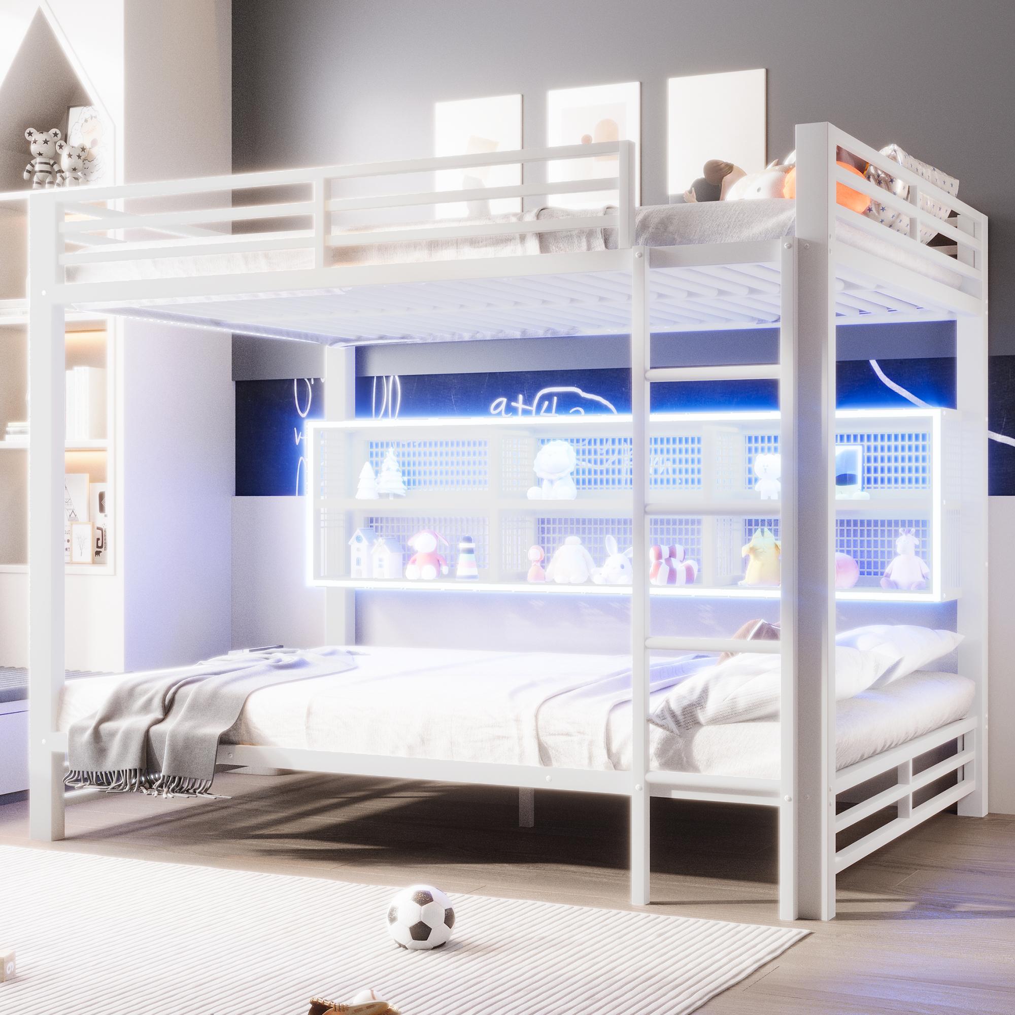 MODFU Jugendbett 140x200 cm mit Stauraumschränken und mit LED-Beleuchtung, Etagenbett mit Sicherheitsgeländer,praktisches Etagenbett für Familie,Mit zwei Matratze,Weiß