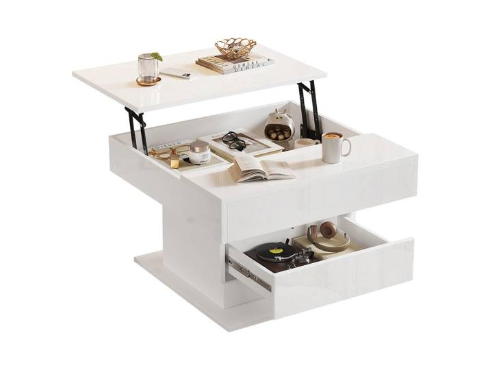 Flieks Couchtisch 70x70x45 cm Weiß Drehbar Lift 1 Schublade Stauraum, 70x45x70 cm, Wohnzimmer, Wohnzimmertische, Couchtische