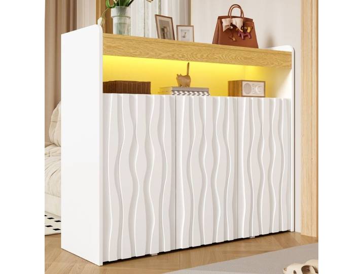 Meuble Chaussures Moderne avec éclairage LED 3 portes Compartiment Ouvert Motif Ondulé Meuble d'entrée Rangement pour Chaussures