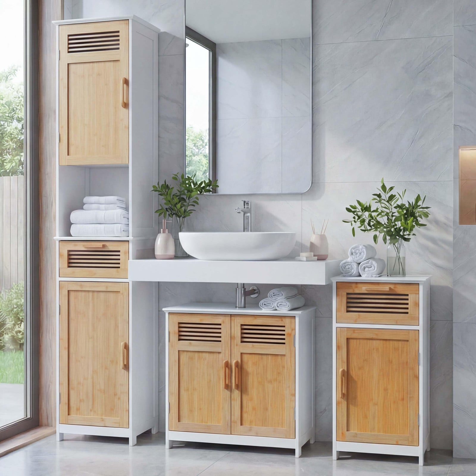 Mendler Badkameriset HWC-A85 van bamboe en mdf, wit