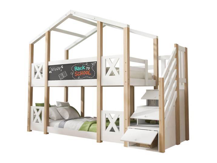 Modfu Etagenbett aus Holz 90x200 cm in Weiß mit Treppe & Stauraum, 90x200 cm, Babymöbel & Kindermöbel, Kinderzimmer & Jugendzimmer, Stockbetten