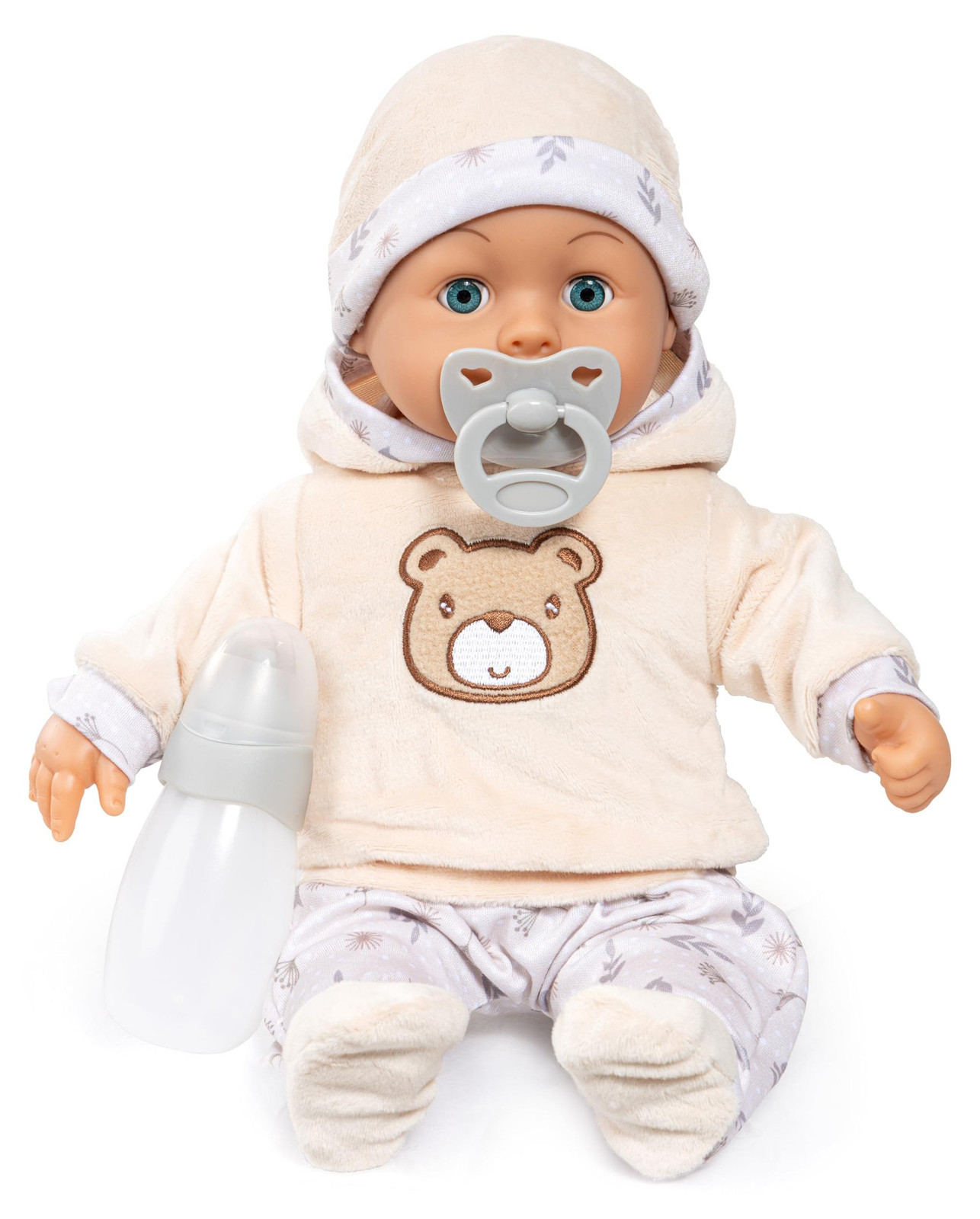 Bayer Design 93824CW Interactieve babypop met 24 geluiden, zacht lichaam en gesloten ogen, 38 cm, inclusief fopspeen en fles