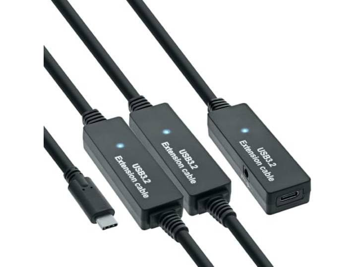 InLine USB 3.2 Gen.1 actieve verlenging, USB-C-stekker naar USB-C-aansluiting, reapterkabel met signaalversterking, lange afstanden, voor harde schijven, printers, webcams, toetsenborden en meer, 15 m