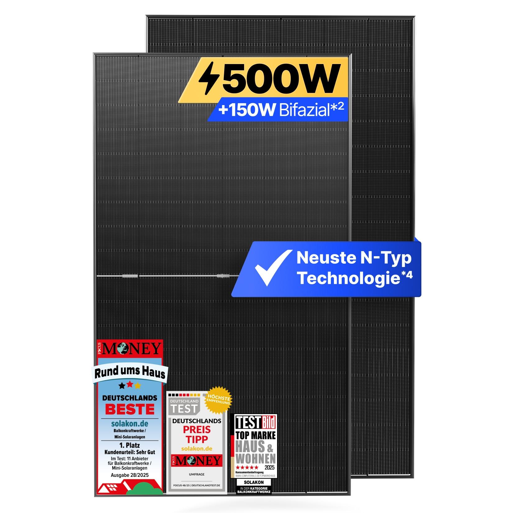 Solakon Solarmodul 500W, N-Type bifaziales monokristallines Glas-Glas Solarpanel, 40v Photovoltaik Solarmodule/Solar Module für Balkonkraftwerk/Solaranlage, Solar Panel für Photovoltaik Komplettanlage (1 Stk)