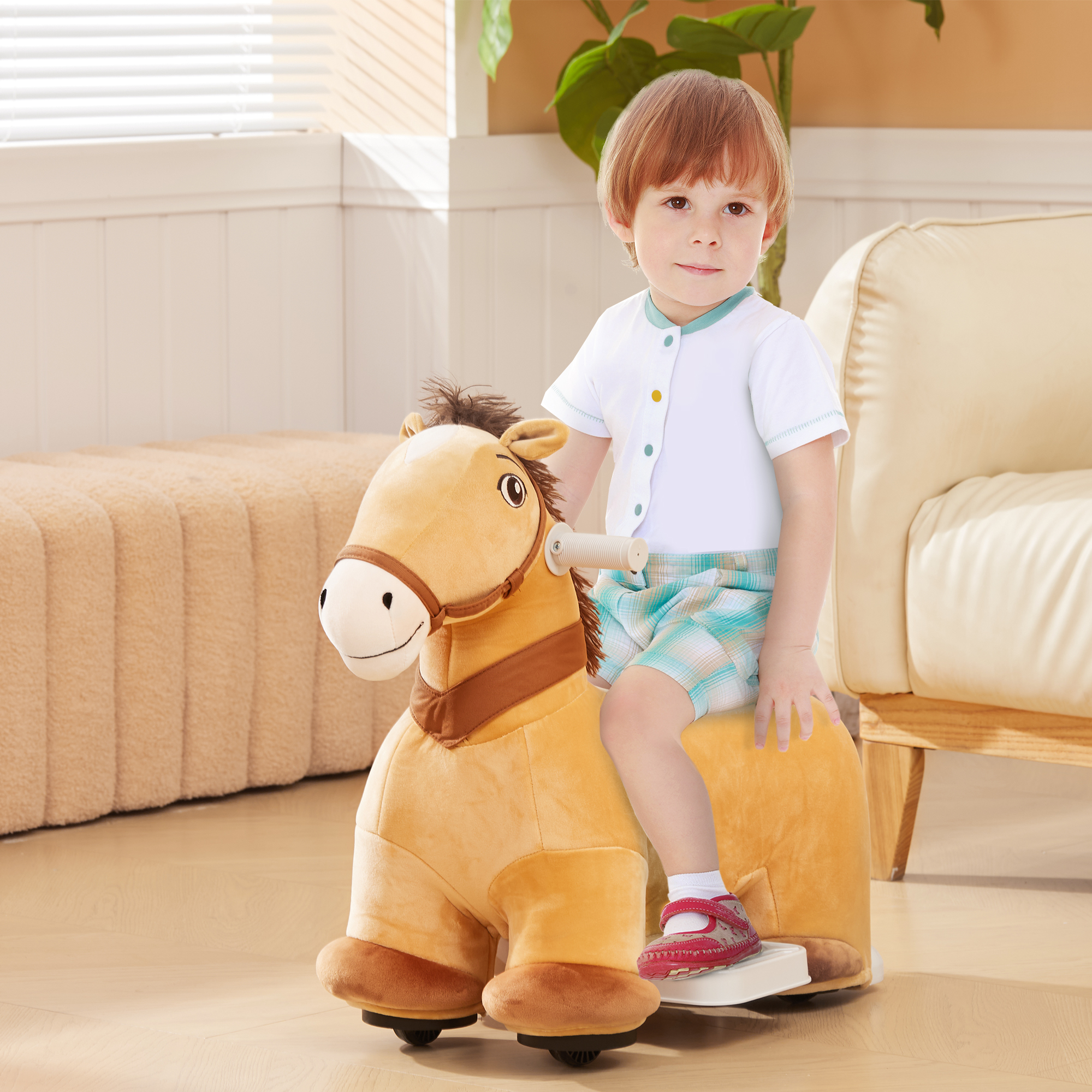 Aiyaplay Cavallo Cavalcabile Elettrico 6V per Bambini da 18-36 Mesi con Ruote in PU e Musica, Marrone