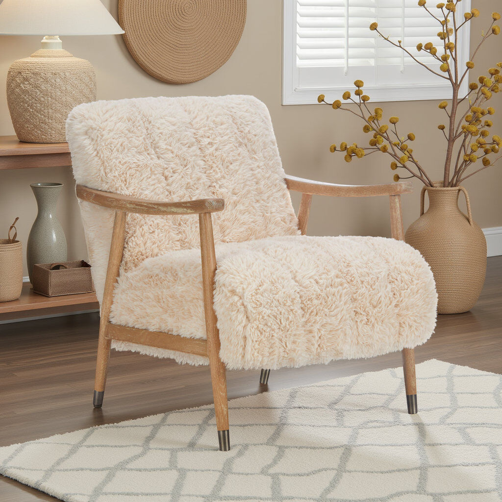 Canora Grey Bayli Upholstered Faux Fur and Faux Sheepskin Armchair Beige 82cm H X 66cm W X 85cm D