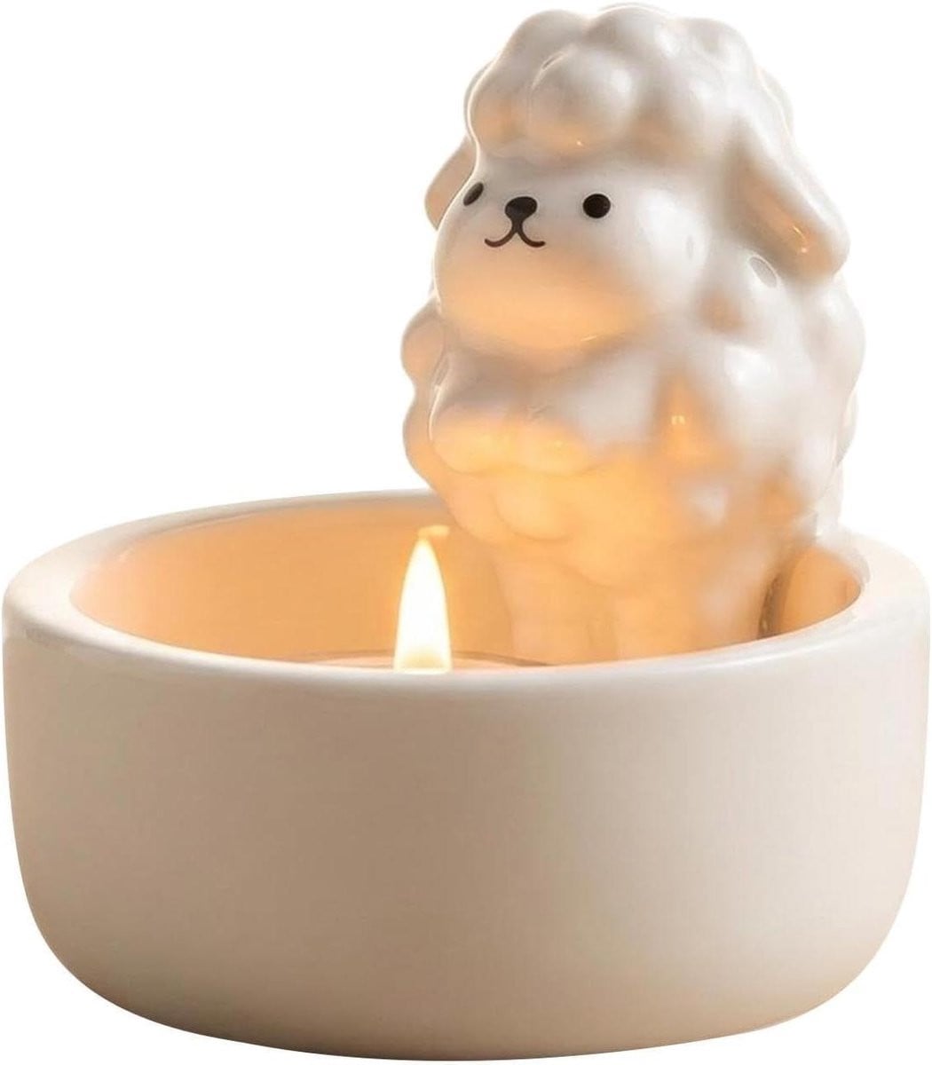 Wit Keramisch Kandelaar Schaap - Theelichthouder Decoratie - 7,2 x 7,1 cm