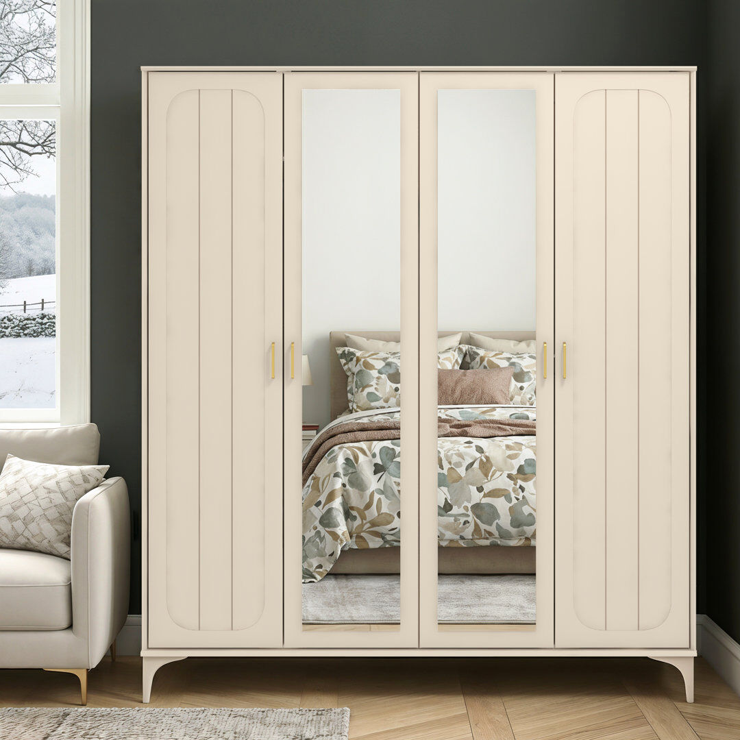Ebern Designs Harrington Curtis 4 Door Wardrobe with Mirror Natural 154.3cm W X 51.3cm D