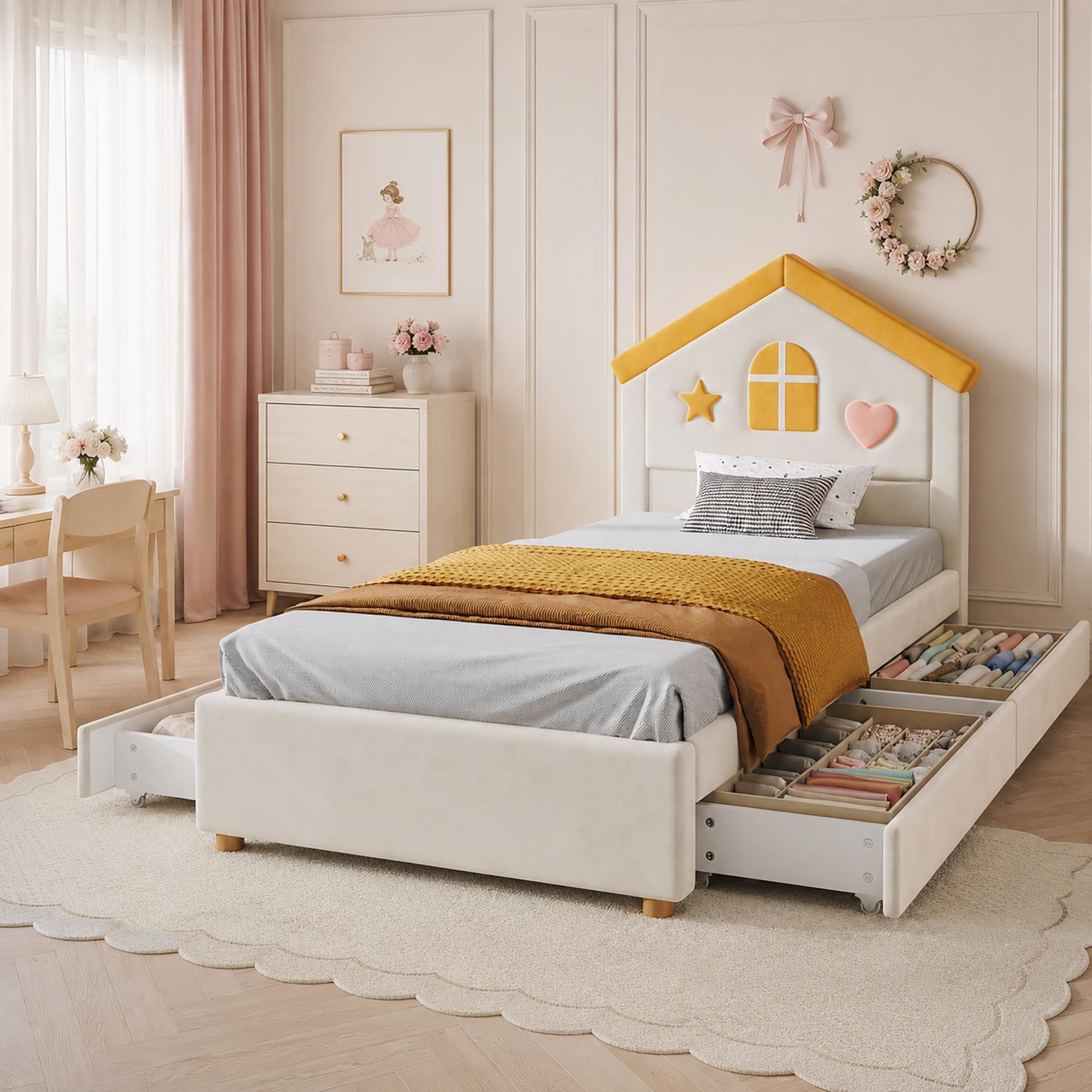 MODFU Kinderbett 90 x 200 mit Matratze,gepolstertes Hausbett Jugendbett mit 4 Schubladen und Haus-Kopfteil, Polsterbett aus Samt,Beige
