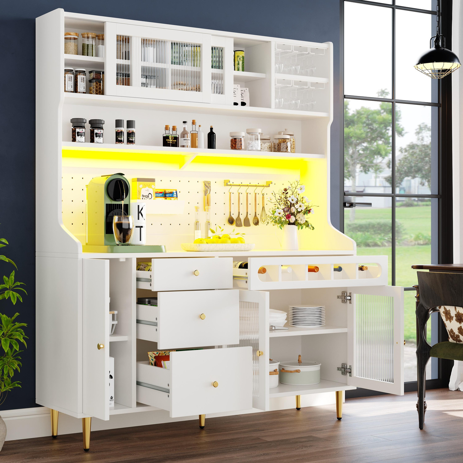 STILVORA Keukenkast met LED-verlichting, wijnrek en glazen deuren, wit