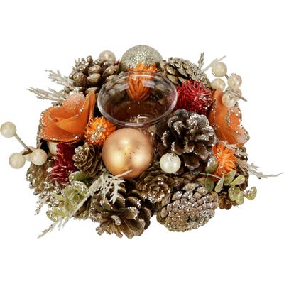 Teelichthalter I.GE.A. "Natur-Teelichthalter", braun (orange), B:20cm H:8cm, Kerzenhalter, Teelichthalter, aus Trockenblumen Zapfen Christkugeln Beeren, mit Glaseinsatz