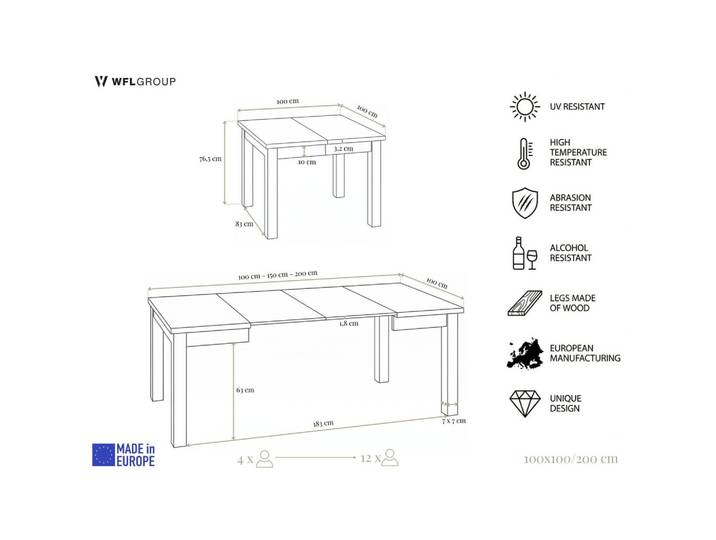 ESSTISCH Toren ausziehbar verlängerbar quadratisch, Weiß 100-200/100/76.5 cm