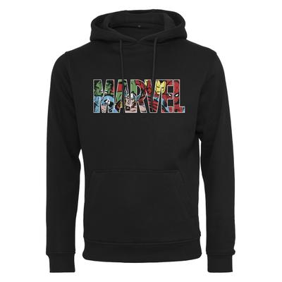 Rundhalspullover MERCHCODE "Merchcode Herren Marvel Logo Character Hoody", Herren, Gr. XS, schwarz, 65% Baumwolle, 35% Polyester, mehrfarbig, normal, ohne Ausschnitt, Pullover Rundhalspullover