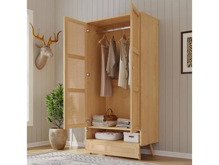 Elaimoros Kleiderschrank mit Stange, 2-türiger Kleiderschrank, Schlafzimmer, Rattannetz, Wohnzimmer, mit unterem Flip-Top-Deckel, Spanplatten+PE-Rattan, Natur