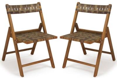 Costway Teak Folding Chairs Set of 2 with Hand-Woven Rattan and Contoured Back