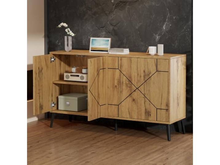Sideboard mit Wellenmuster,4 Türen mit Rückprallmechanismus, MDF Aufbewahrungsschrank für Esszimmer,Studie & Wohnzimmer, 50kg Belastbarkeit,Küchenschrank, Aufbewahrungsschrank,Holzfarbe,120×35×69cm