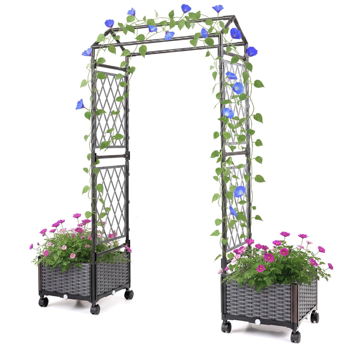 Costway Verhoogde Moestuinbak met Automatisch Bewateringssysteem, Latwerk, Afdekking en Vergrendelbare Wieltjes - Grijs