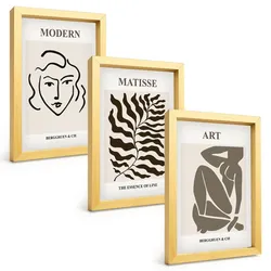 BILDER SET 3er Set - 20x30 cm Goldrahmen - Stilvolle Grafiken, Linien, Zeichen