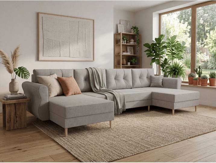 Ausziehbares U-Form Sofa SILVIANO 300x140 cm, grau + 2 Kissen GRATIS