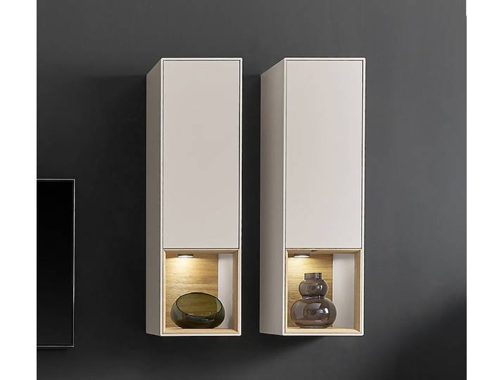 Hängevitrine 35x120cm 'Locarno' Wildeiche massiv & Front MDF creme inkl.Beleuchtung