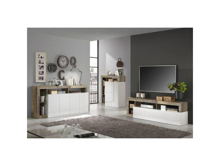ARTURO - Ensemble Buffet 4P + Meubles TV et Bar Blanc Laqué Niches Aspect Bois Antik