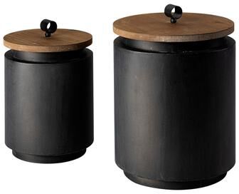 Mercana Cyril Black Metal w/ Brown Solid Wood Lid Jars (Set of 2) - 9.1L x 9.1W x 12.8H