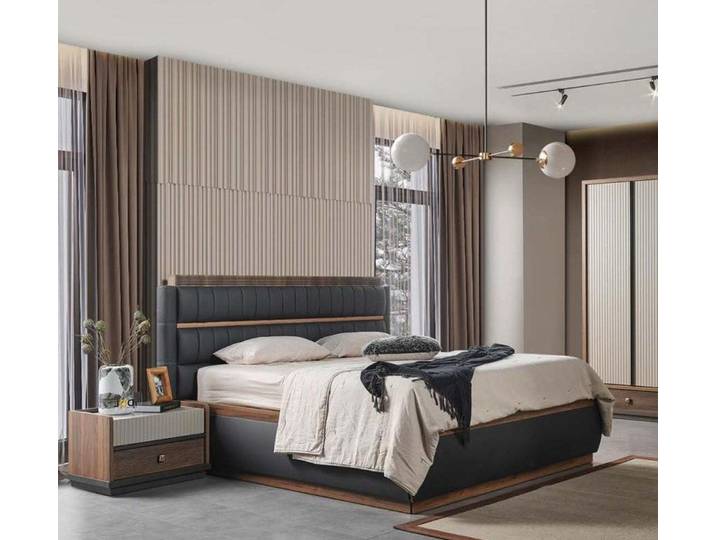 Xlmoebel Schlafzimmer-Set Grau-Weiße Designer Möbel mit Edlen Holz Nachttischen 3tlg, (3-tlg), Made in Europa