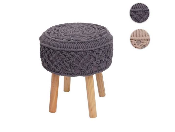 Tabouret HWC-J43 tabouret tricoté pouf 45x41cm rond tissu/textile ~ gris foncé