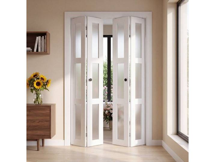 Porte de Placard Pliante à 4 Vantaux 3 Vitres en Verre Dépoli Blanc 1219x2032 mm Porte Interieur avec Kit de Quincaillerie