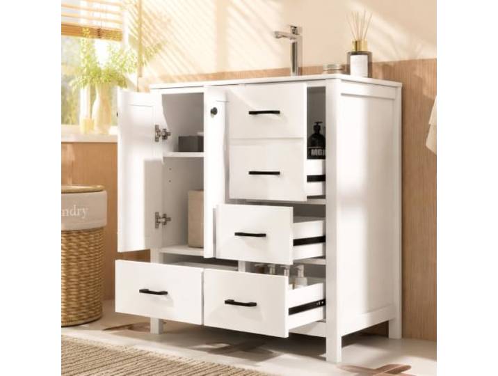 Ropilly Waschtisch weiß mit Keramikbecken 76x46x82 cm Freistehender Waschtisch mit 4 Schubladen, Doppeltürschrank und verstellbaren Einlegeböden.