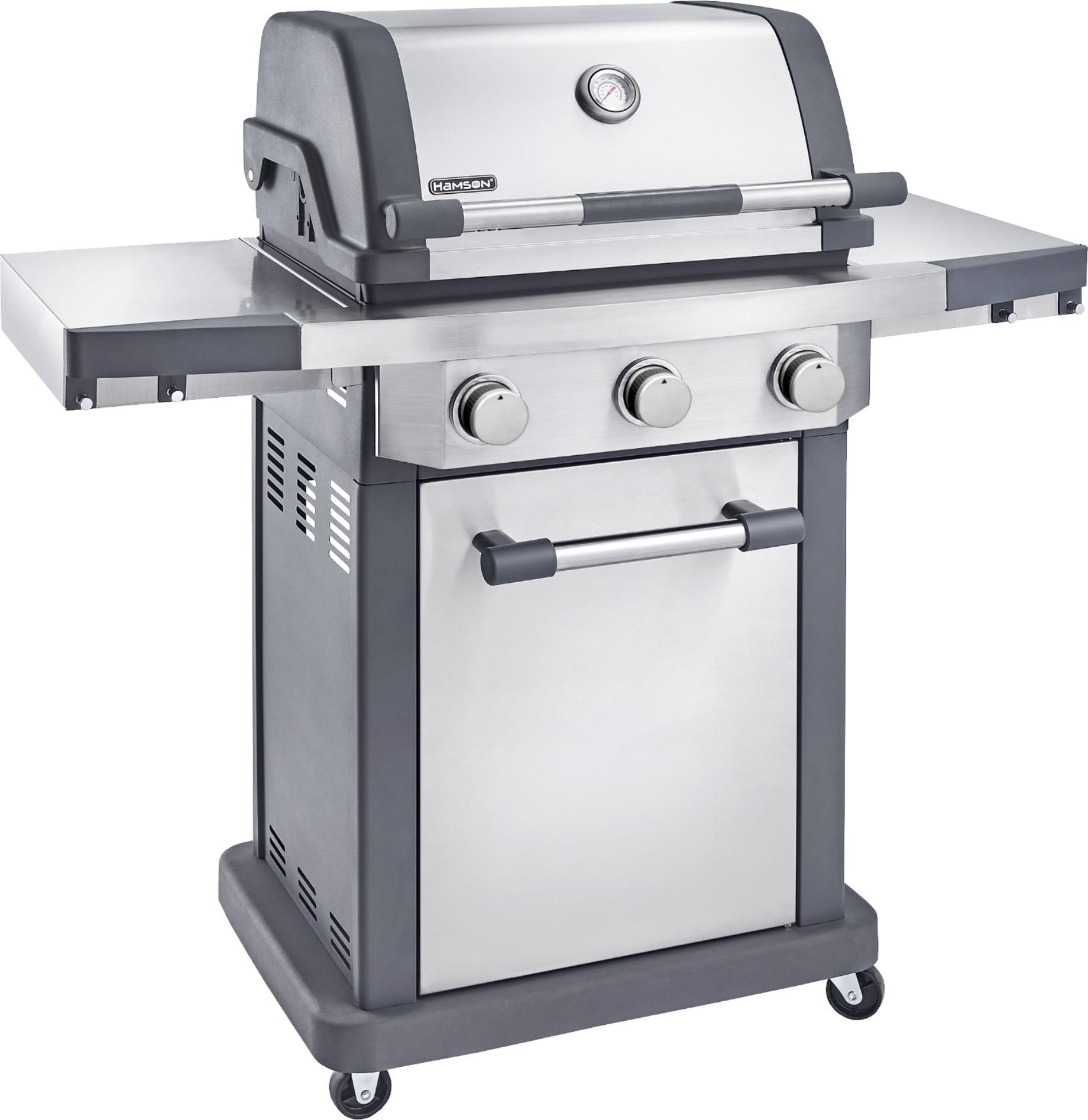HAMSON Raider 3MR Edelstahl Gasgrill | Grill mit 3 Edelstahlbrennern | Zweiteiliger Gussgrillrost, Thermometer, Aromasystem, Klappbare Seitentische