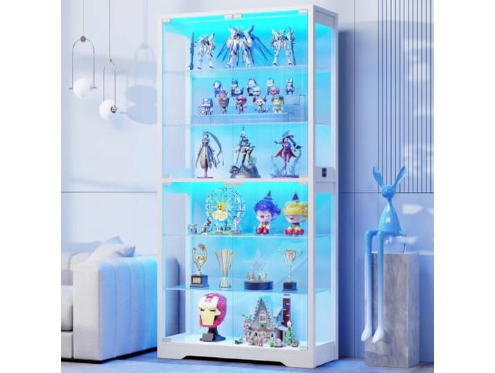 BROTTAR Vitrine mit Glastür, 6-stufige 180cm Vitrine mit 3 Farblichten für Sammlerstücke, Vitrine mit verstellbaren Glasträgern, Körperkensorsensor, Aufbewahrungsschränke, Weiß