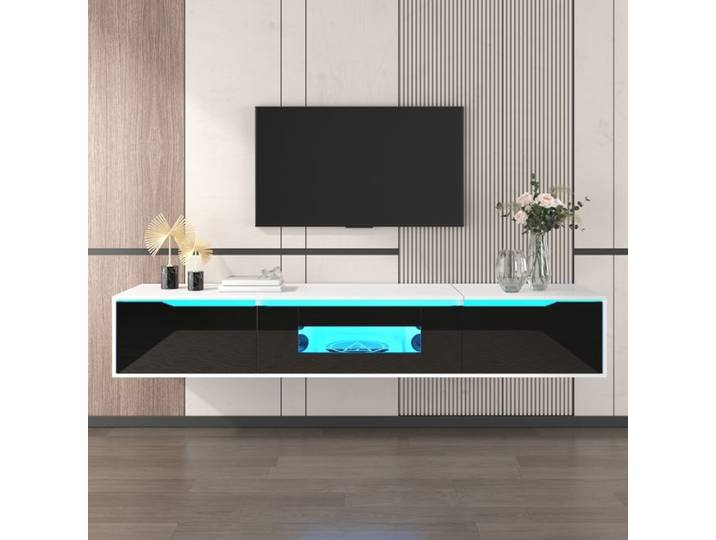 Meuble TV avec éclairage LED Meuble TV Brillant Couleur Assortie au Noir et Blanc Suspendu ou au Sol Meuble de Salon