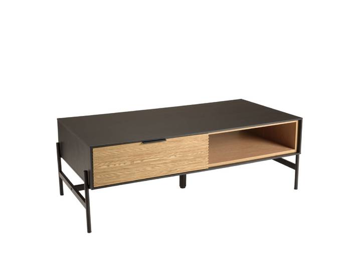 Table basse marron et noire 2 tiroirs 1 niche pin pieds métal