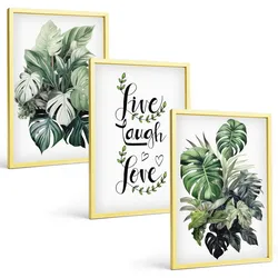 BILDER SET 3er Set - 40x60 cm Goldrahmen - Blattpflanzen leben, lachen, lieben