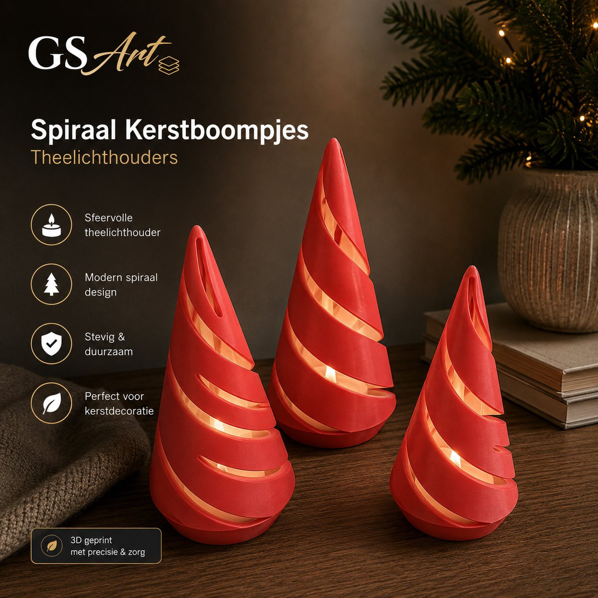 GSArt Spiraal Kerstboompjes Theelichthouders Set van 3 met LED Theelichtjes - Scharlaken Rood