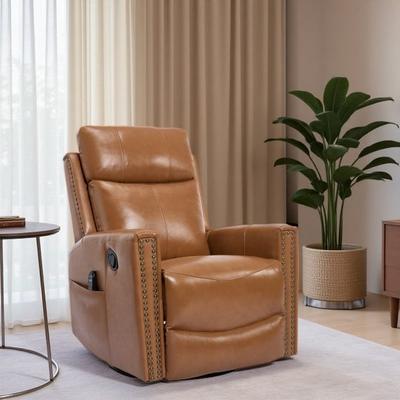 Genuine Leather Swivel and Rocking Recliner Chair with Heat and Massage, 8-Point Vibrating Nodes, Manual Recline up to 155°