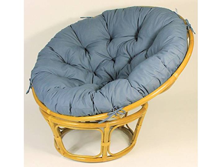 Rattan Papasan Sessel, Papasansessel inkl. hochwertigen Polster, D 110 cm, Fb. Honig Polster grau/blau