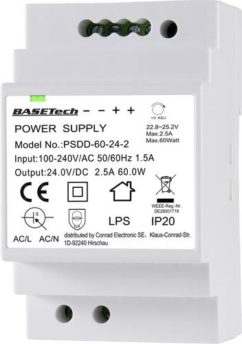 Basetech BT-2250321 Hutschienen-Netzteil (DIN-Rail) 24V 2.5A 60W Anzahl Ausgänge:2 x Inhalt 1St.