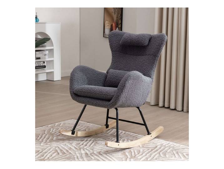 STILVORA Schaukelstuhl Schaukelsessel wohnzimmer Relaxsessel mit Kopfstütze & Taschen,grau (Schaukelstuhl mit hoher Rückenlehne), Kopfstütze und Lendenkissen Teddyplüsch