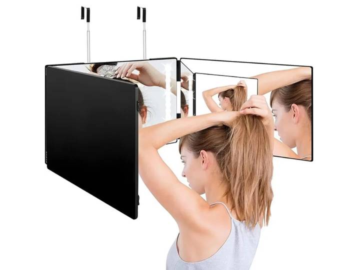 Miroir LED à trois volets, miroir de coupe de cheveux avec lumière réglable en hauteur, miroir de coupe de cheveux à 3 voies, verre Hd, miroir à 3 voies, lumières LED