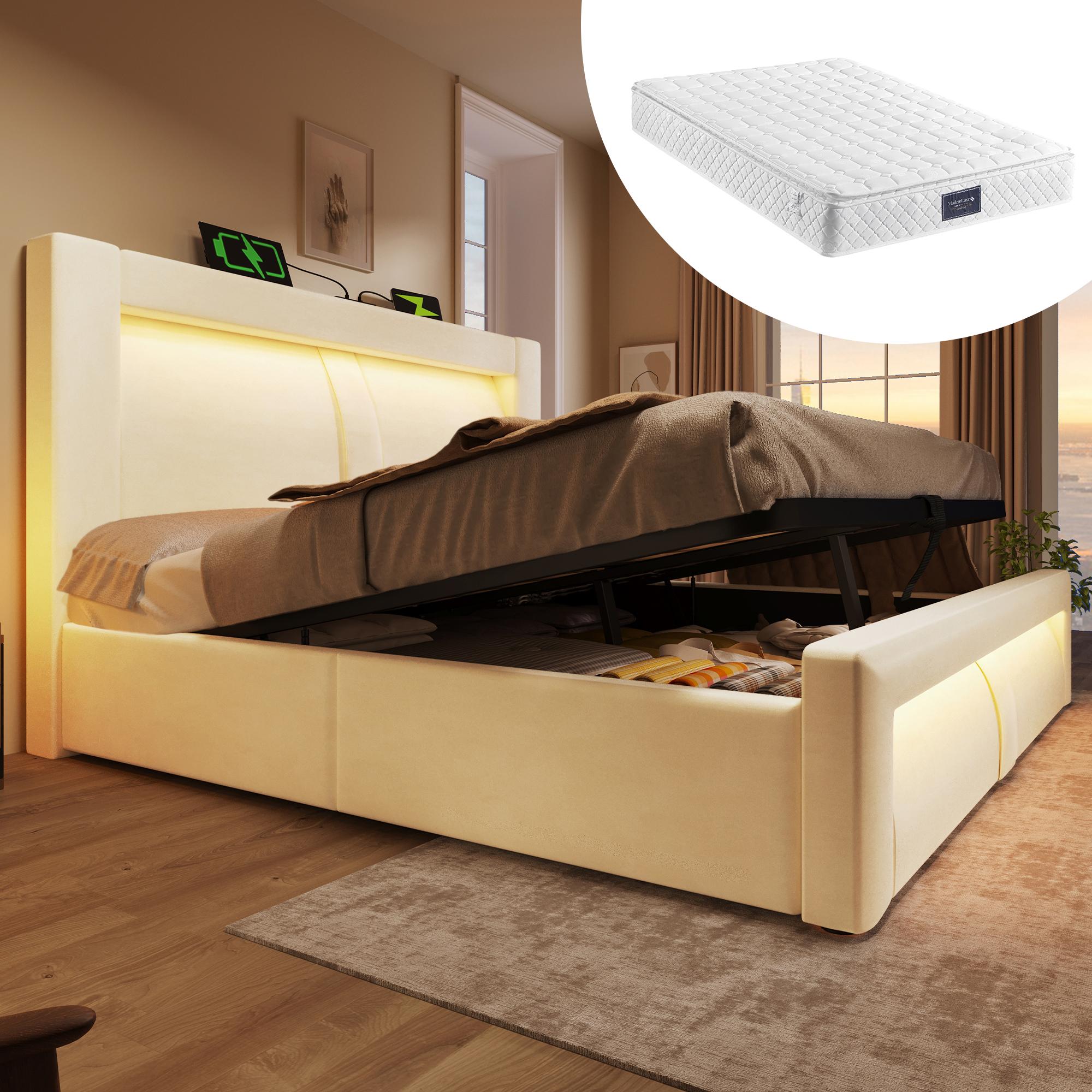 Doppelbett 140x200 cm mit Stauraum, hydraulisches Bett, LED-Beleuchtung mit App-Steuerung, USB- & Type-C-Ladeanschlüsse, Samt