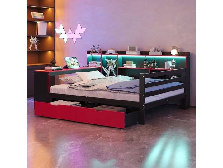 Lit bois multifonction noir rouge 140x200 cm avec bureau étagères rangement éclairage intégré prises tiroirs canapé lit