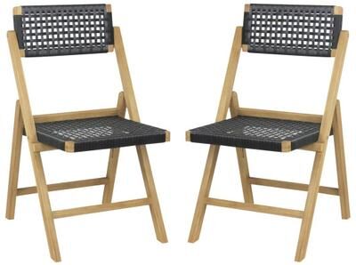Costway Set of 2 Folding Chairs Indonesia Teak Wood Dining Chairs with Woven Rope Seat and Back