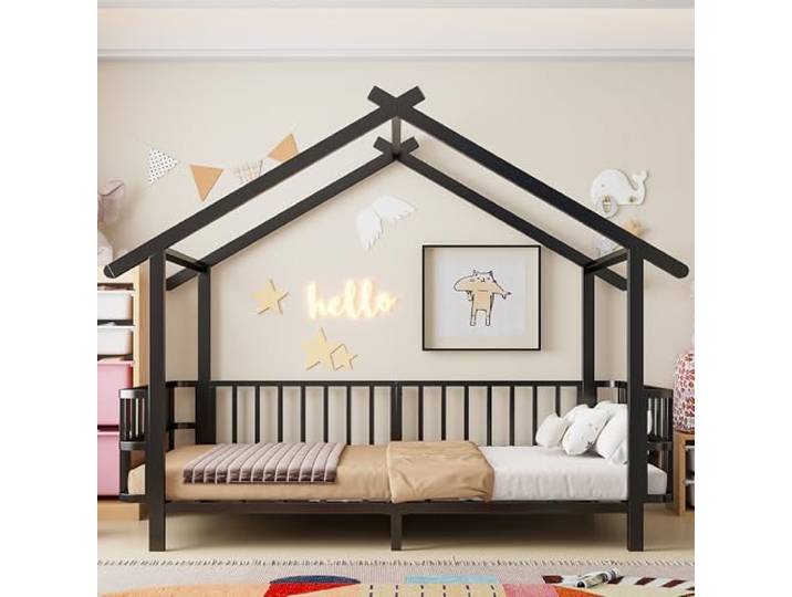 Bellemave Kinderbett 90x200cm,Hausbett mit Sicherheitsgitter,Metal Schwarz Haus‑Dachdesign, stabiler Metallrahmen, halbgeschlossenes Sicherheitsgitter, individuell dekorierbar, belastbar bis 120 kg