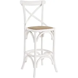 Barhocker Cross aus Ulmenholz, klassischer Stil, Weiß, Sitzfläche aus Rattan