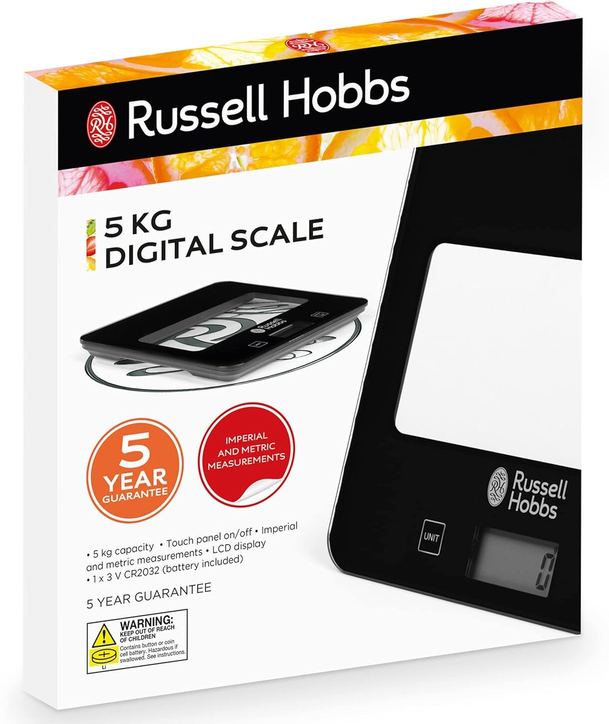 Russell Hobbs RH015711AR Digital Kitchen Scale – 5kg Capacity, Touch Panel, Tare Function – Black