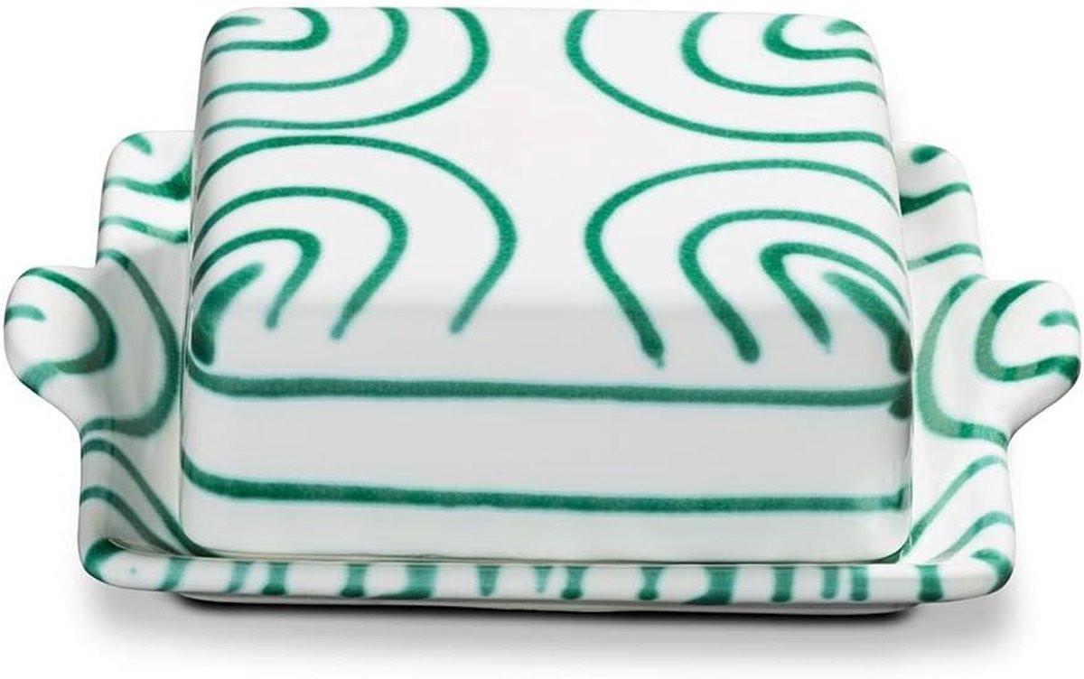 Handgemaakte keramische botervloot met deksel in groen gevlamd - 16,5 x 12 cm