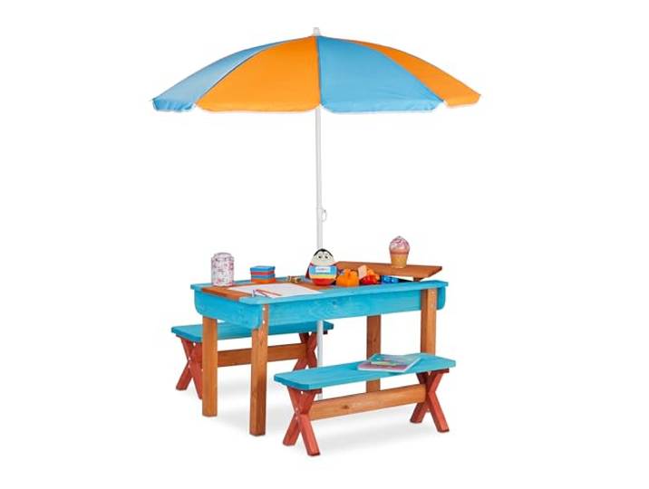 Relaxdays Kindersitzgruppe Garten, Holz, Spieltisch Set aus Tisch, bunt